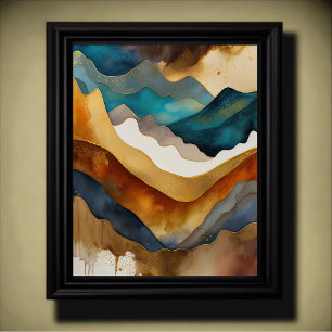 Abstract Landscape Painting Gold Rust Blue Poster
