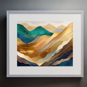 Abstract Landscape Painting Gold Rust Blue Poster