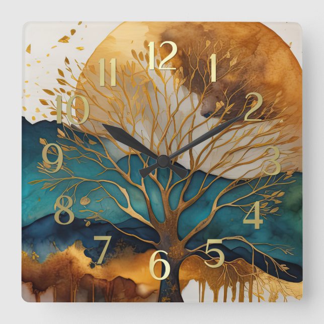 Abstract Landscape Painting Gold Rust Blue Square Wall Clock (Front)