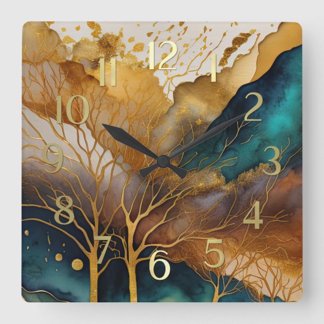 Abstract Landscape Painting Gold Rust Blue Square Wall Clock (Front)