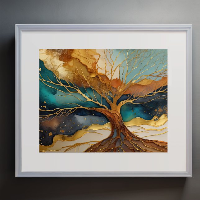 Abstract Landscape Painting Gold Rust Blue Tree Poster (Creator Uploaded)