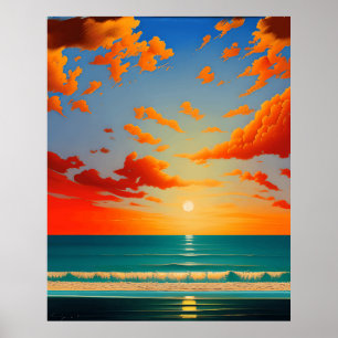 Abstract landscape with sunset blue orange simple poster