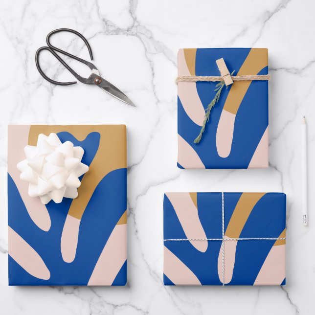 Abstract Leaves Blue Modern Shapes Cut Outs Wrapping Paper Sheet (Front)