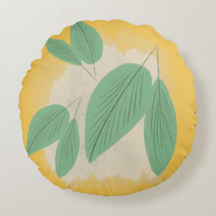 Abstract Leaves Greenery Yellow Illustration Round Pillow