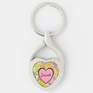 Abstract leaves heart pink gold green custom name keychain