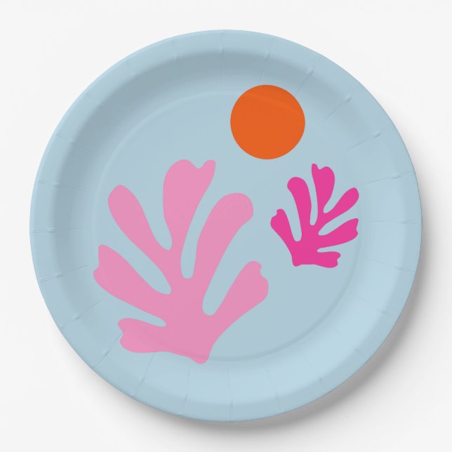Abstract Leaves Pink And Blue Shapes Cut Outs Paper Plate (Front)