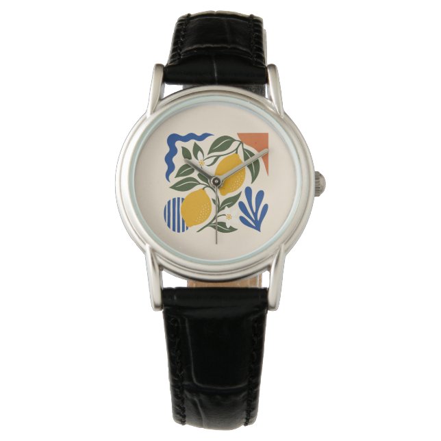 Abstract Lemon Leaves Boho Blue Cream Watch (Front)