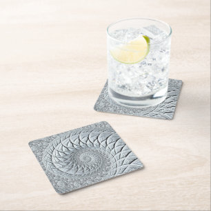 Abstract Light Gray Spiral Fractal Square Paper Coaster