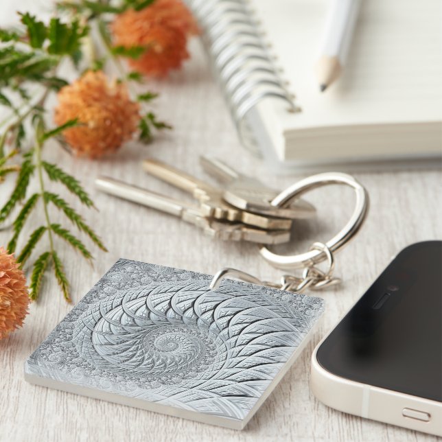 Abstract Light Grey Spiral Fractal Keychain (Front Right)