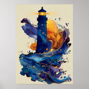 Abstract Lighthouse Liquid Art Coastal Color Flow  Poster