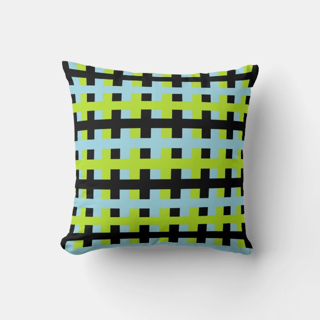 Abstract Lime Green, Black and Pastel Blue Throw Pillow (Front)