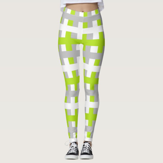 Abstract Lime Green, Silver and White Leggings (Front)