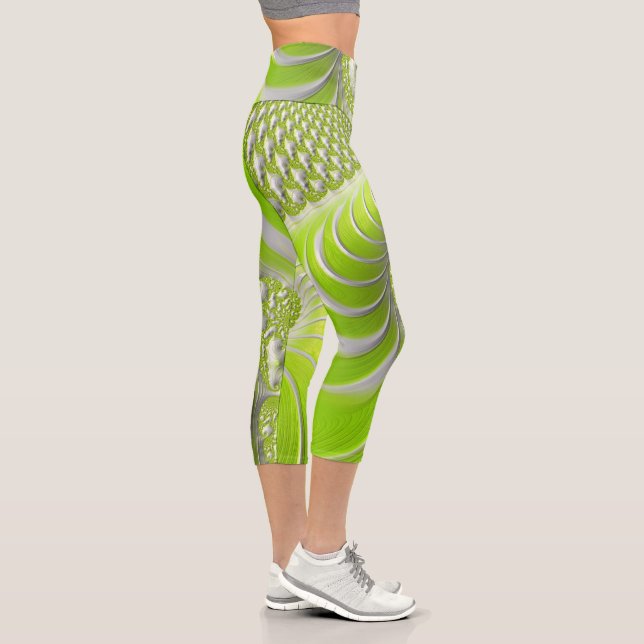 Abstract Lime Green Spiral Fractal Capri Leggings (Right)