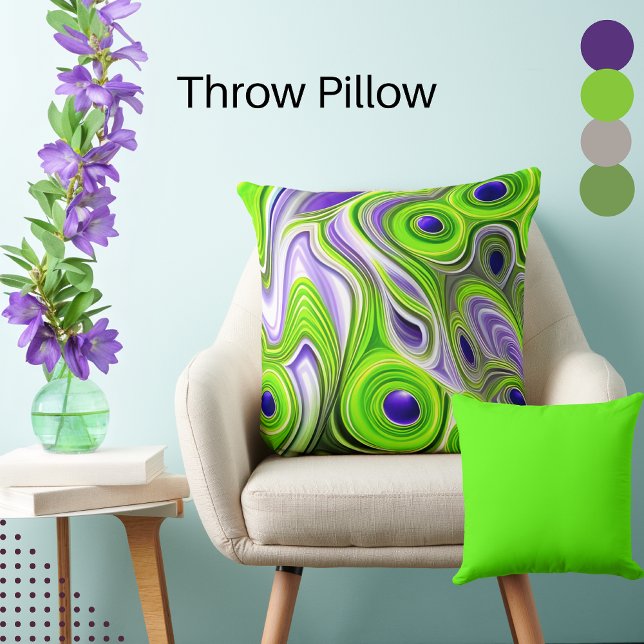 Abstract  Lime Green, Yellows, and Purple Swirls Throw Pillow (Creator Uploaded)