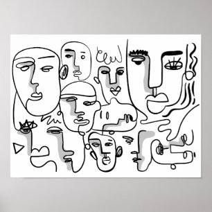 Abstract Line Art, Abstract Faces Drawing Poster