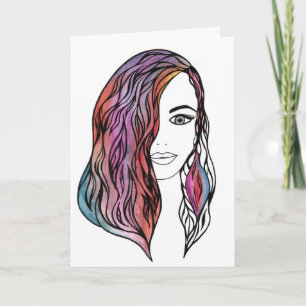 Abstract Line Art Female Face Colourful Hair Fashi Card