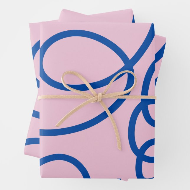 Abstract Line Art Retro Pink And Blue Wrapping Paper Sheet (In situ)
