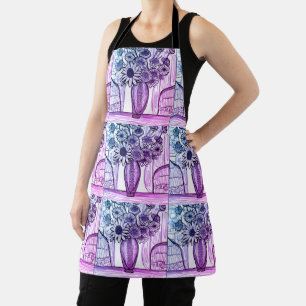 Abstract Line Drawing Floral Art Purple Blue Apron