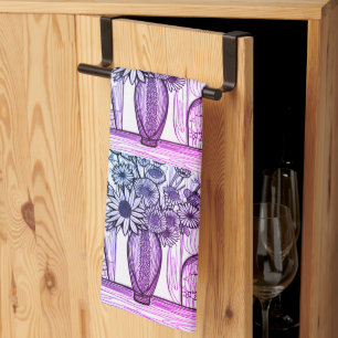 Abstract Line Drawing Floral Art Purple Blue Kitchen Towel