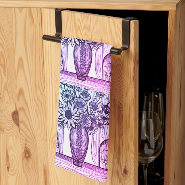Abstract Line Drawing Floral Art Purple Blue Kitchen Towel (Thirds Fold)