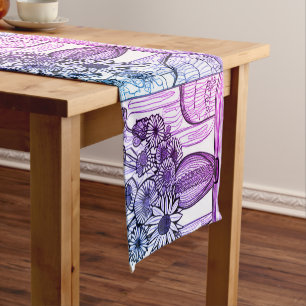 Abstract Line Drawing Floral Art Purple Blue Short Table Runner