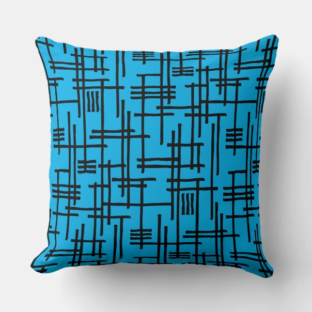 Abstract Lines 120923 - Black on Sky Blue Throw Pillow (Front)