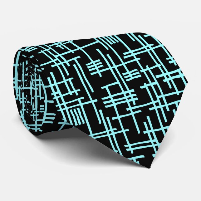 Abstract Lines 120923 - Ice Blue on Black Tie (Rolled)