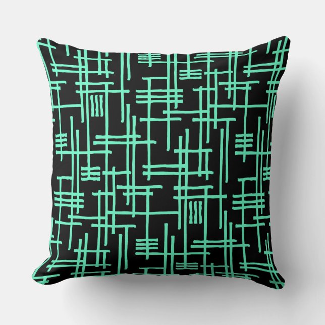 Abstract Lines 120923 - Turquoise on Black Throw Pillow (Front)
