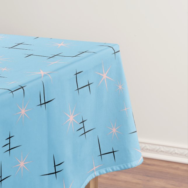 Abstract lines and Pink Stars Baby Blue Retro Tablecloth (In Situ)
