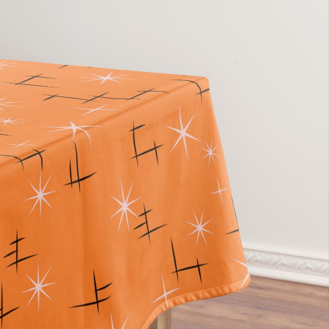 Abstract lines and Pink Stars on Orange Retro Tablecloth (In Situ)
