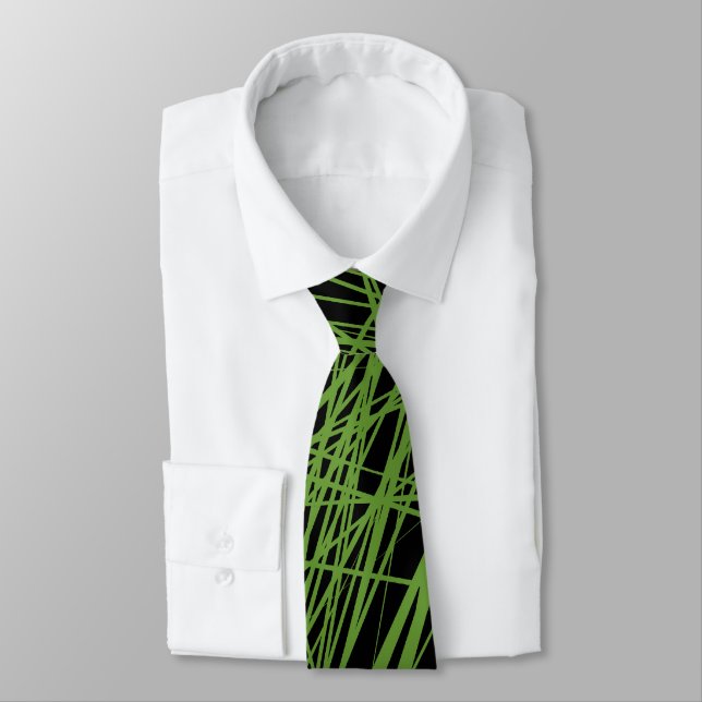 Abstract Lines - Avocado Green on Black Tie (Tied)