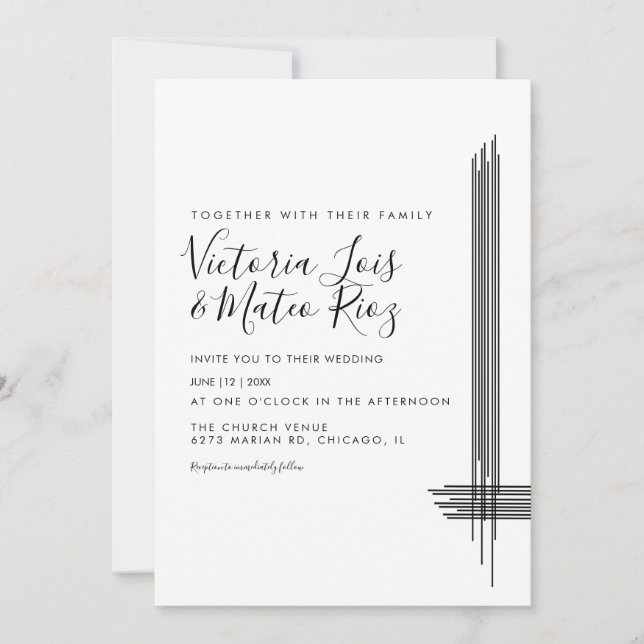 Abstract Lines Black White Modern Wedding Invitation (Front)