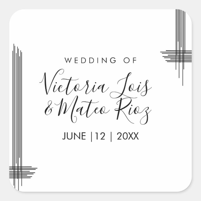Abstract Lines Black White Modern Wedding  Square Sticker (Front)