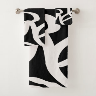 Abstract Lines Modern Black And Beige Cream Swirl Bath Towel Set