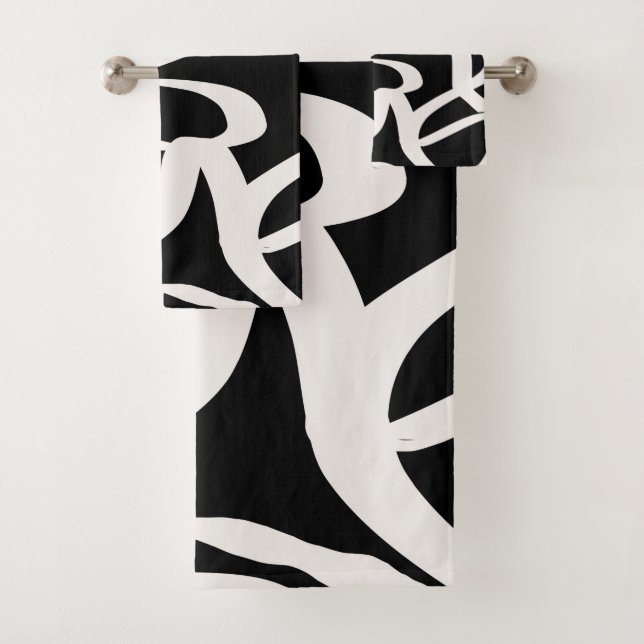 Abstract Lines Modern Black And Beige Cream Swirl Bath Towel Set (Insitu)