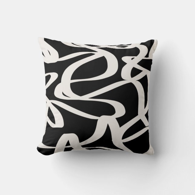 Abstract Lines Modern Black And Beige Cream Swirl Throw Pillow (Front)
