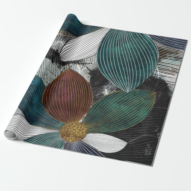 Abstract Linework Floral Art with Bold Petals Wrapping Paper (Unrolled)