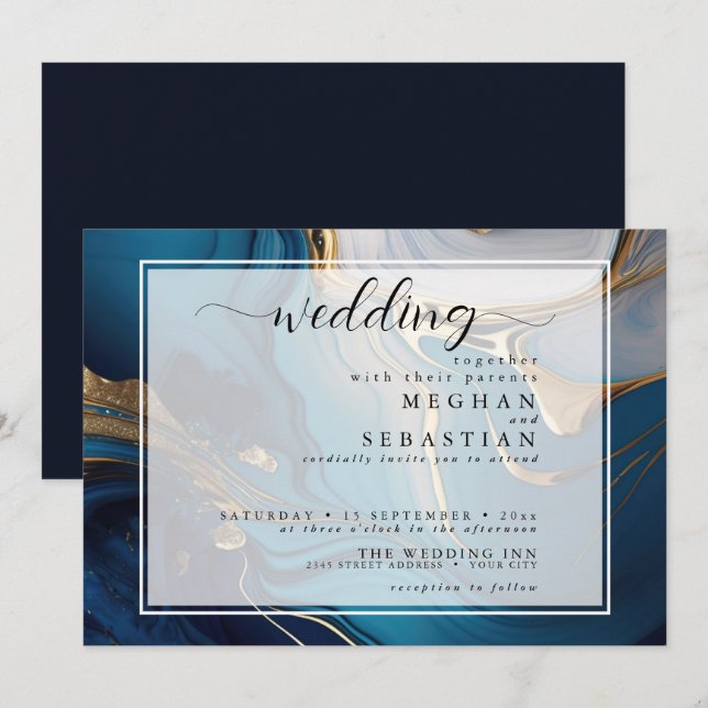 Abstract Liquid Gold on Blue Marble Invitation (Front/Back)