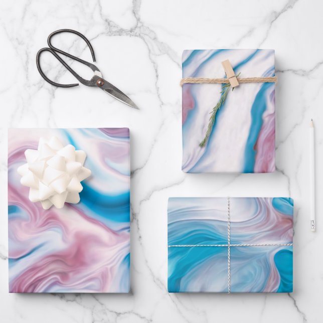 Abstract Liquid Ink In Blue, Pink and White Wrapping Paper Sheet (Front)