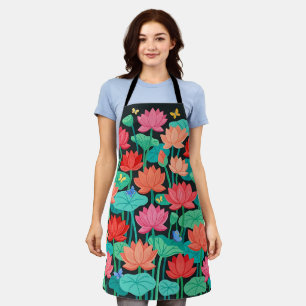 Abstract Lotus Flowers Butterflies Garden Apron