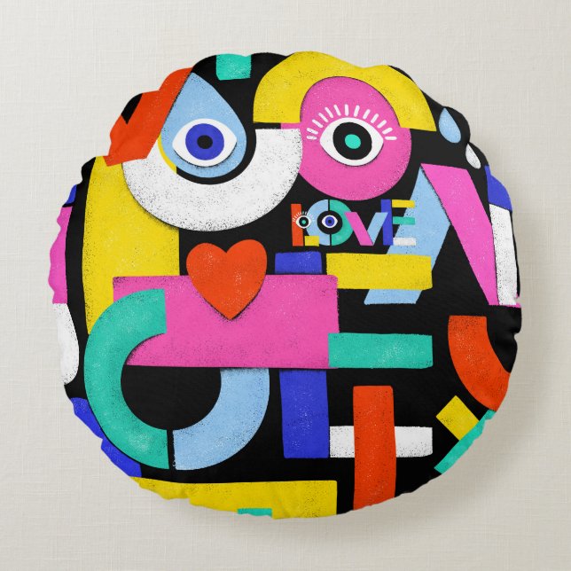 Abstract love, eyes: colourful pattern round pillow (Front)