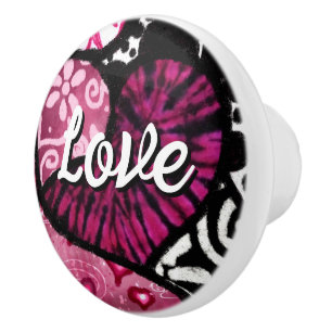 Abstract Love Heart Pink Floral Polka Dots Black Ceramic Knob