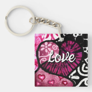 Abstract Love Heart Pink Floral Polka Dots Black Keychain