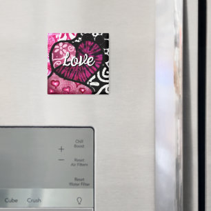 Abstract Love Heart Pink Floral Polka Dots Black Magnet