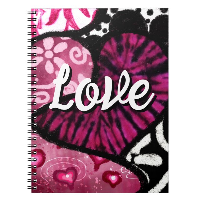 Abstract Love Heart Pink Floral Polka Dots Black Notebook (Front)