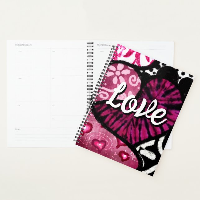 Abstract Love Heart Pink Floral Polka Dots Black Planner (Display)