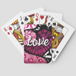 Abstract Love Heart Pink Floral Polka Dots Black Playing Cards