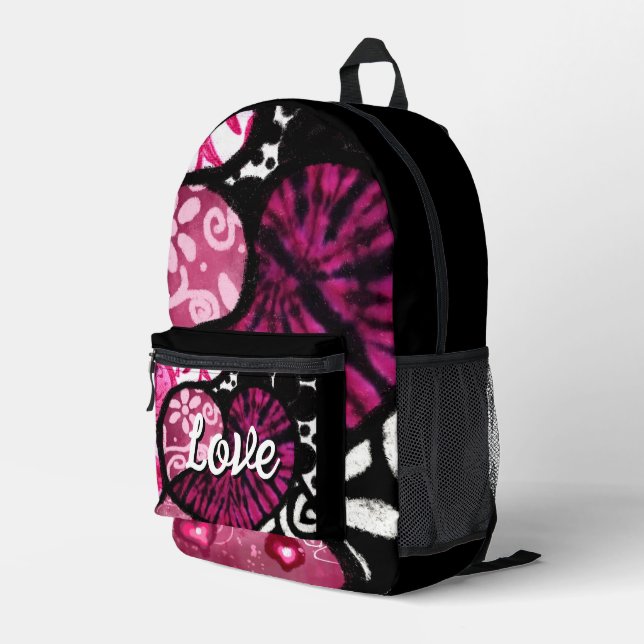 Abstract Love Heart Pink Floral Polka Dots Black Printed Backpack (Back Corner Right)