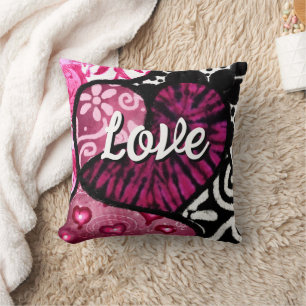 Abstract Love Heart Pink Floral Polka Dots Black Throw Pillow