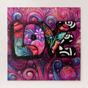 Abstract Love Word Graffiti Valentine Floral Pink Jigsaw Puzzle